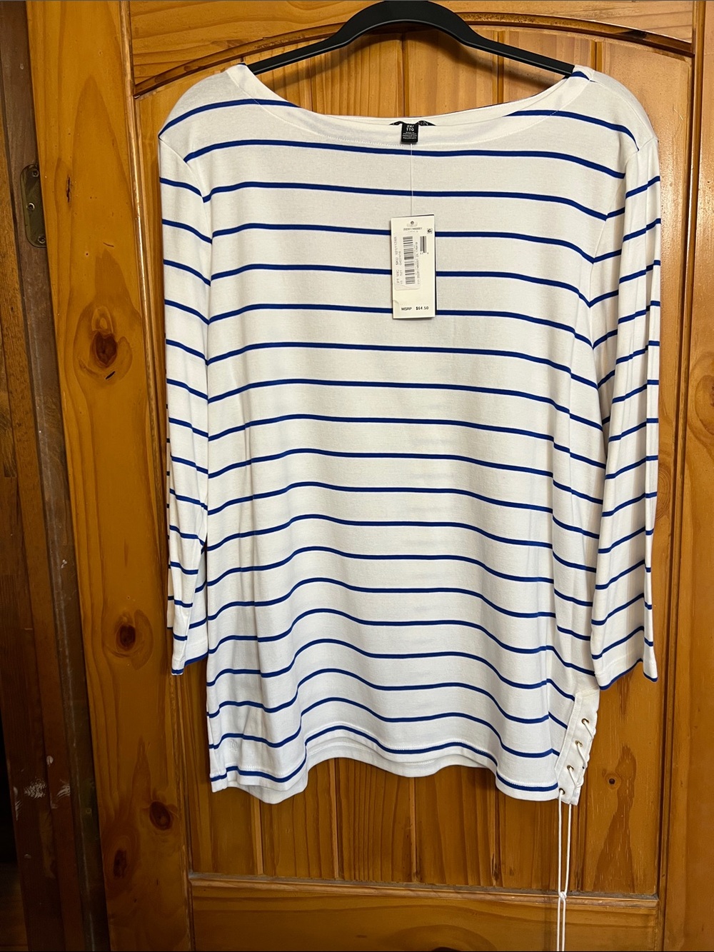Lauren Ralph Lauren White and Blue Striped Long Sleeve Boatneck Top